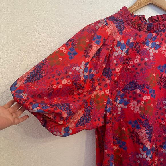 Tyler Boe Sammy Dress Large Red Wild Flowers Puff Sleeve Tiered Cottage Modest - Picture 4 of 14